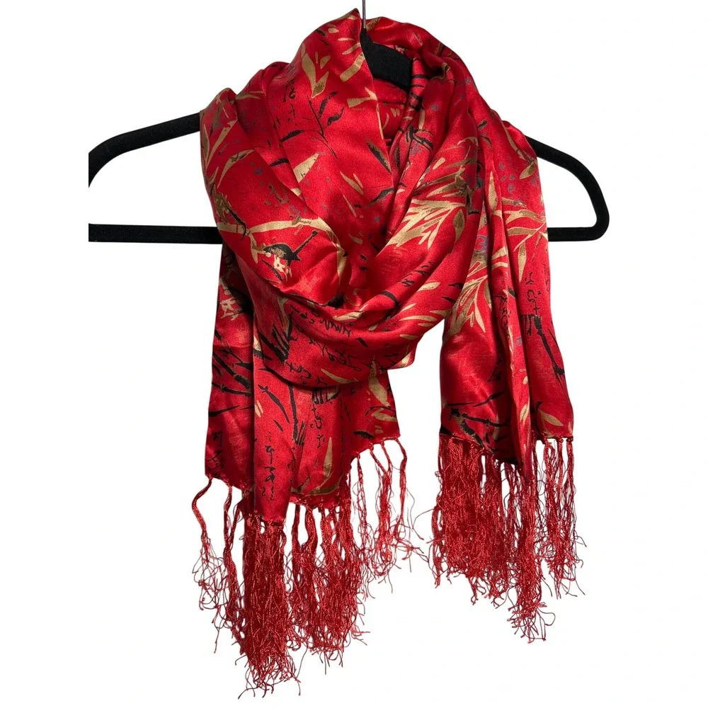 Bamboo Calligraphy Print‎ 100% Silk Fringe Wrap Scarf Red Gold Black 58